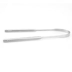 Pair of silver tongs on a white background.