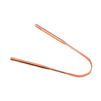 Copper tongue scraper on a white background with brand logo.