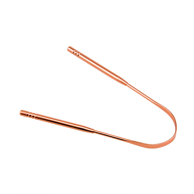Copper tongue scraper on a white background with brand logo.