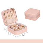 Nude Pink jewelry box with compartments for earrings and necklaces, showing dimensions.