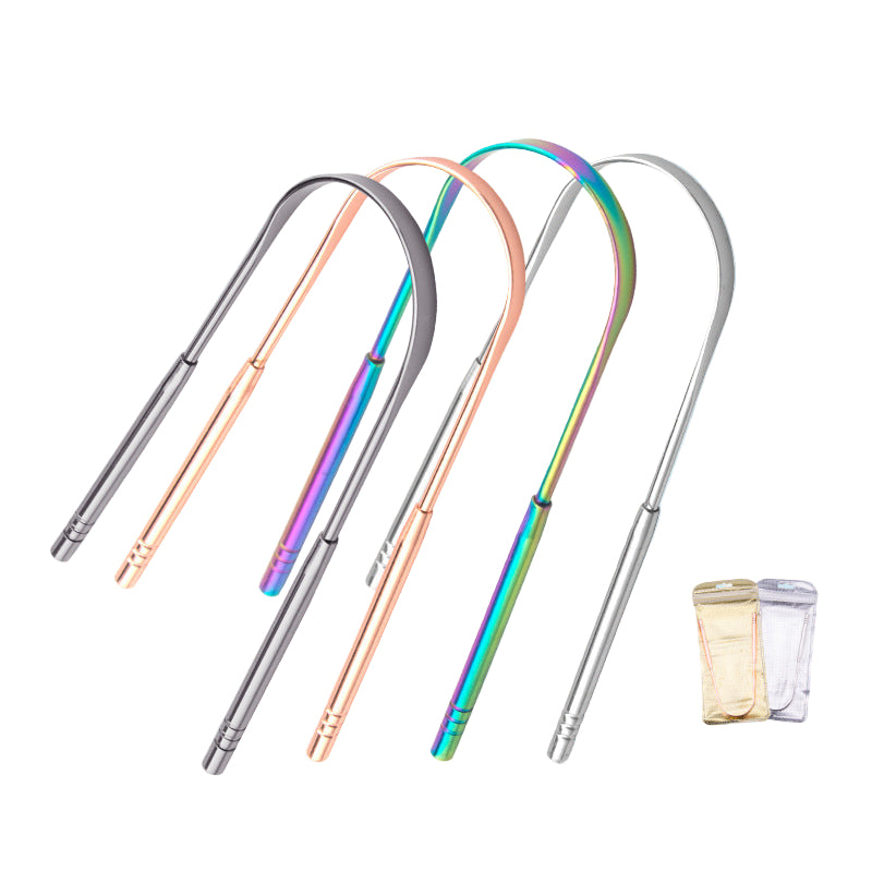 Set of U-shaped tongue scrapers with colorful handles on a white background.