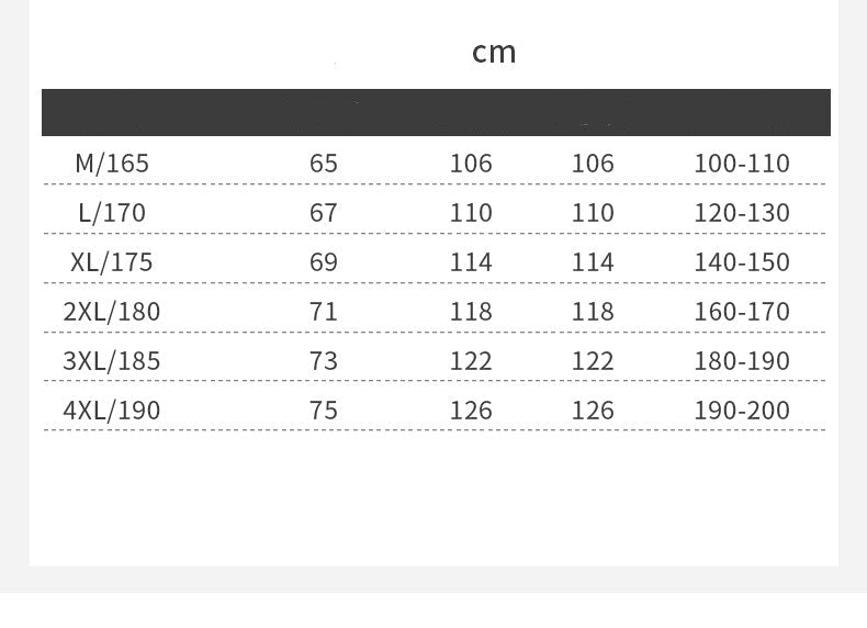 Size chart for clothing with measurements in centimeters
